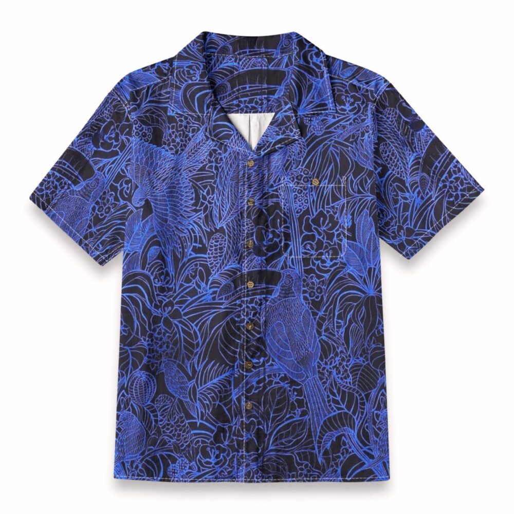 Blue Tropical Bird Pattern Shirt – Exotic Jungle Line Art Hawaiian Shirt