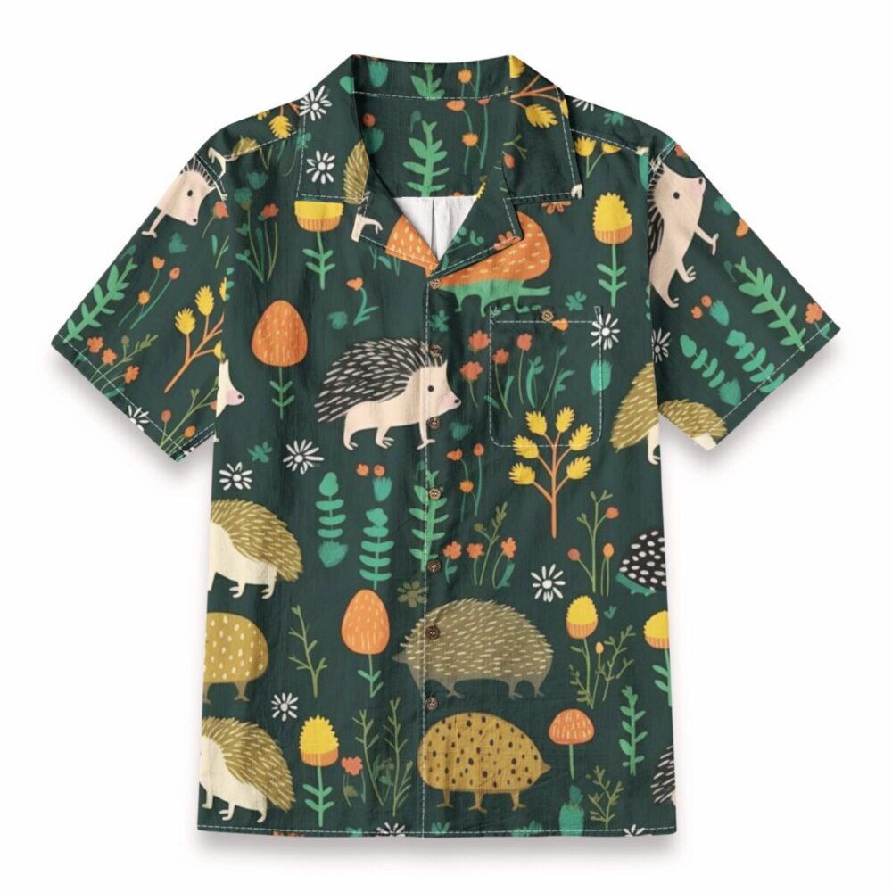 Cute Woodland Hedgehog & Forest Plants Pattern – Nature Illustration Hawaiian Shirt