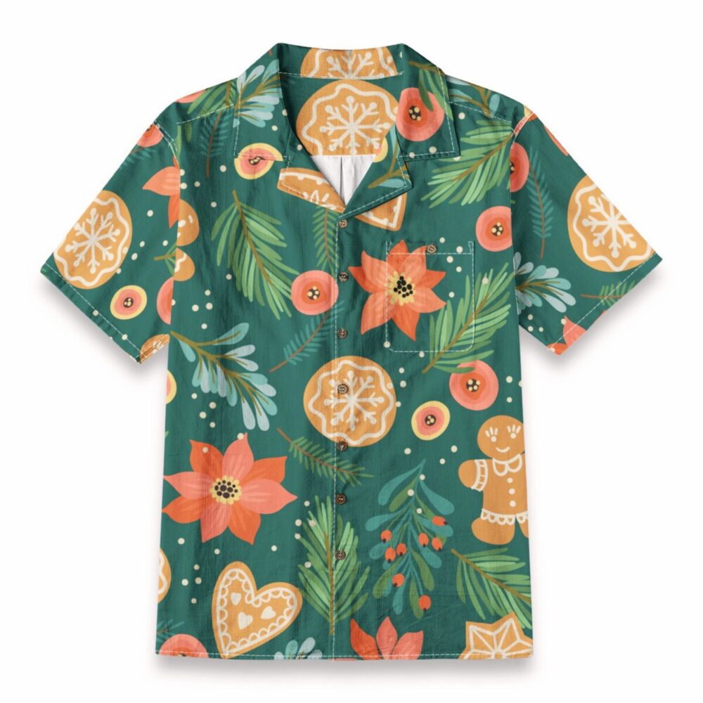 Festive Gingerbread & Poinsettia Christmas Pattern – Holiday Hawaiian Shirt