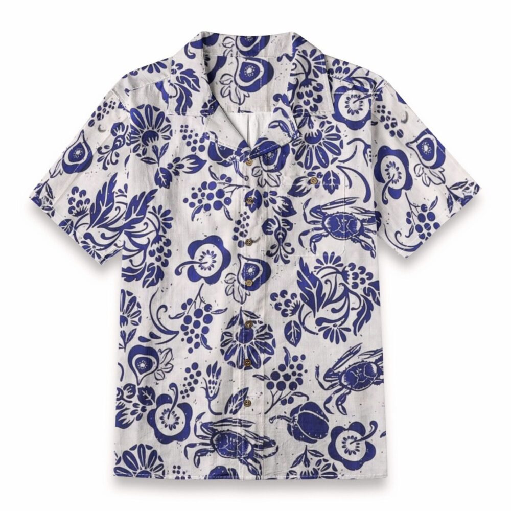 Floral Crab Pattern in Blue & White – Vintage Coastal Hawaiian Shirt