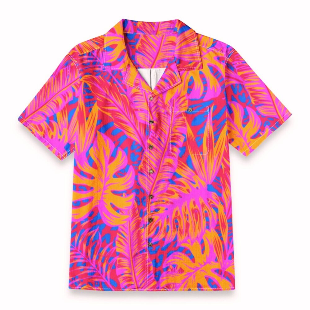 Bright Tropical Leaf Shirt – Neon Pink & Orange Summer Hawaiian Shirt