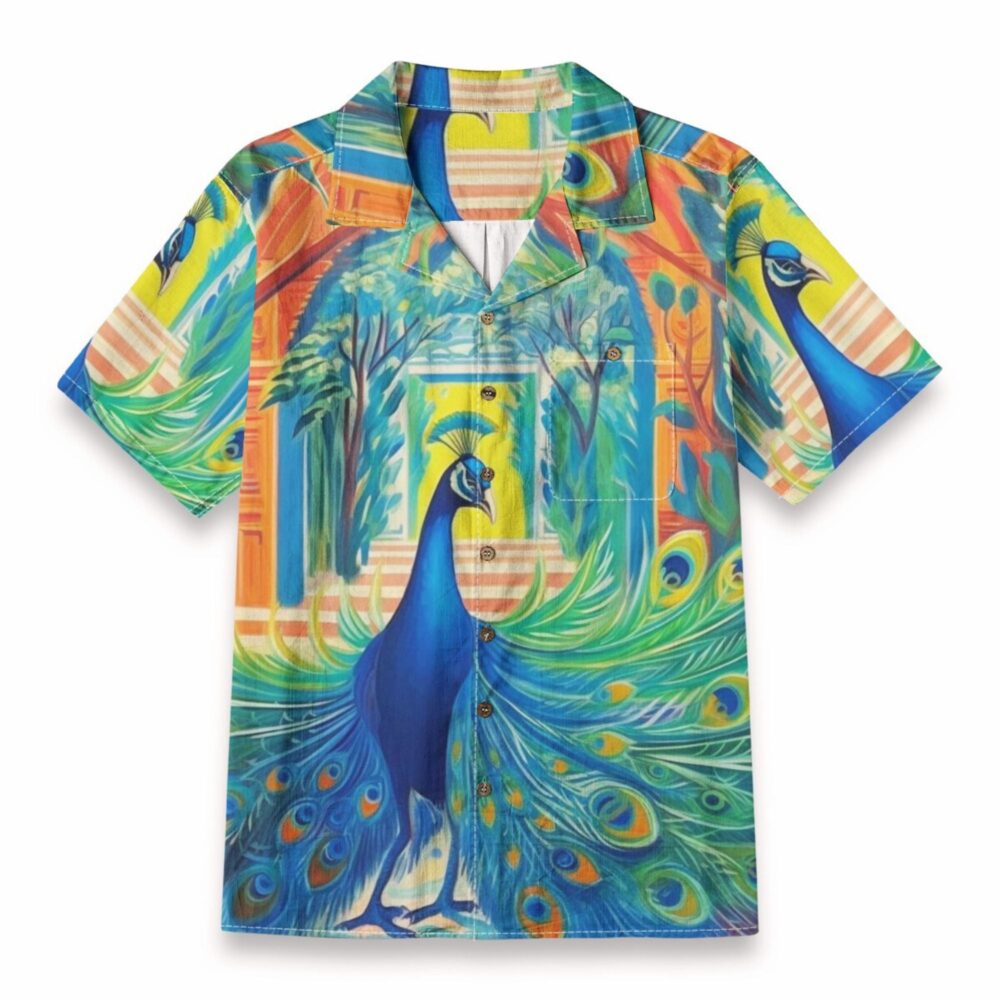 Colorful Peacock Art Print – Vibrant Exotic Bird Pattern Hawaiian Shirt