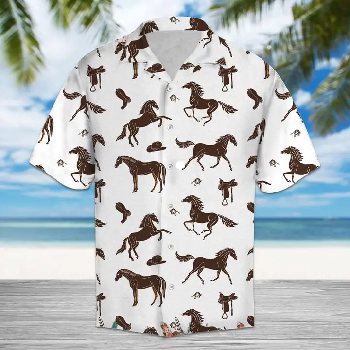 Amazing Brown Horses And Cowboy Western Equipment Hawaiian Shirt Summer Button Up BGR2765496 - Boogor