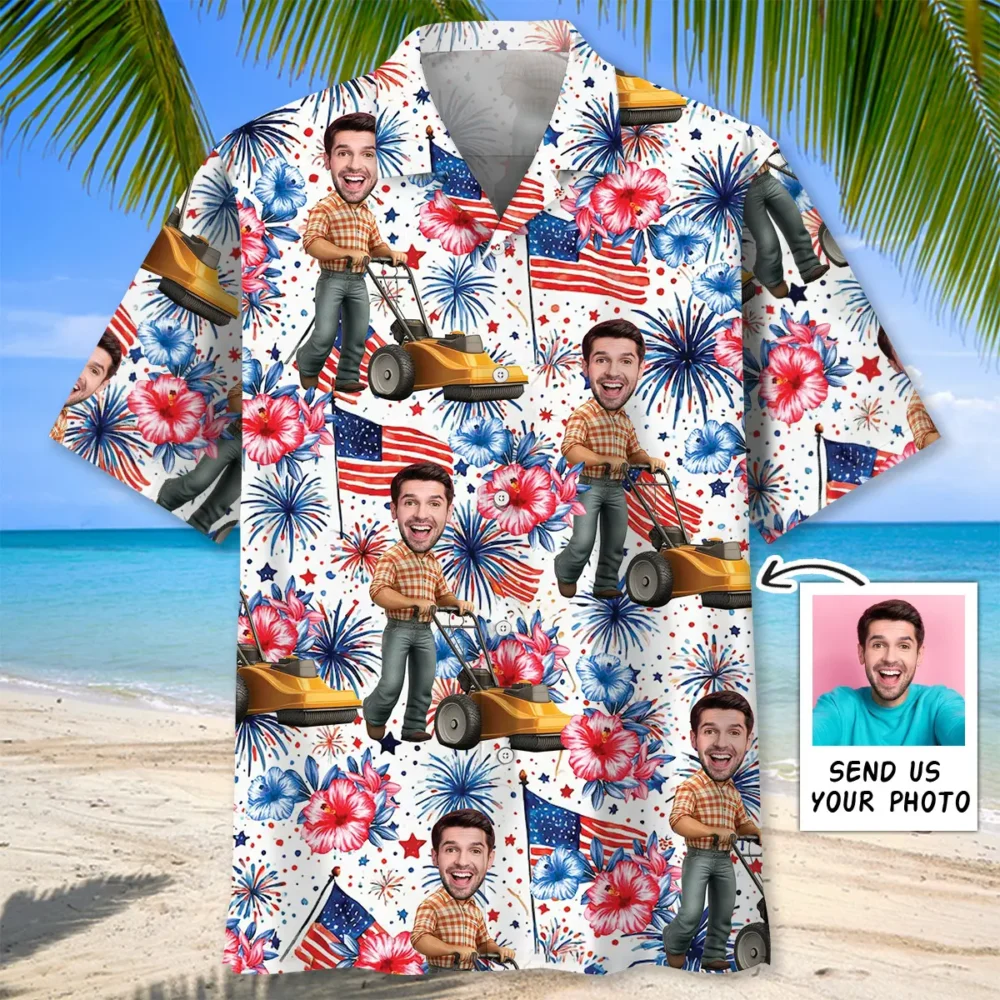 American Man Moving Lawn Mower Custom Photo Face Hawaiian Shirt BGR2764792 - Boogor