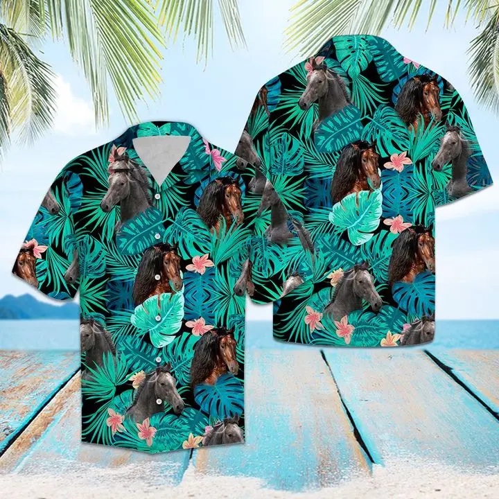 Andalusian Horse Green Tropical Hawaiian Shirt Summer Button Up BGR2765574 - Boogor