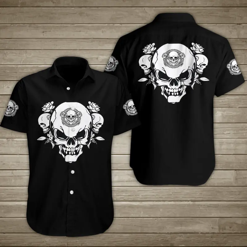 Angry Skull With Roses Hawaiian Shirt Summer Button Up BGR2765573 - Boogor