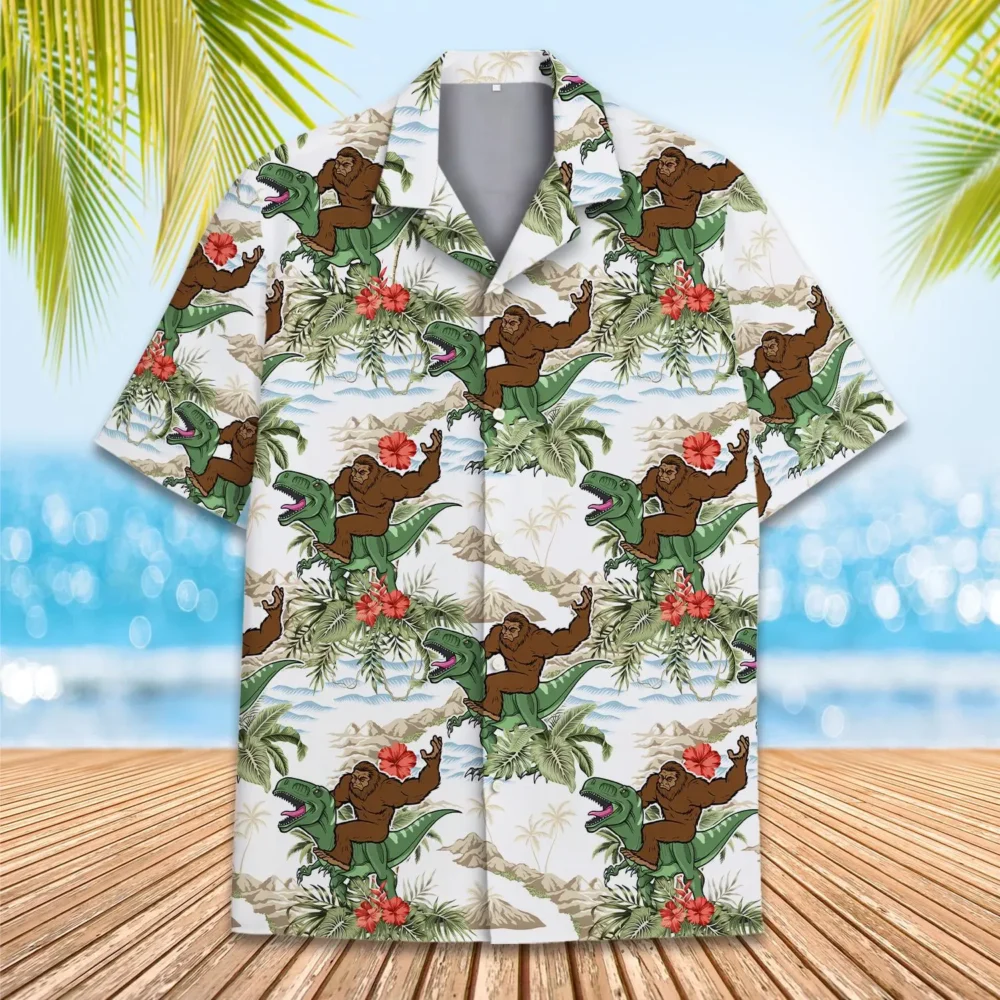 Bigfoot Riding Dinosaur Unisex Hawaiian Shirt Aloha Shirt BGR2765701 - Boogor