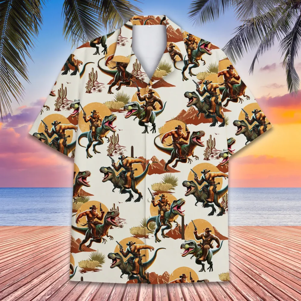 Bigfoot Riding Dinosaur Bigfoot Cowboy Unisex Hawaiian Shirt Aloha Shirt BGR2765708 - Boogor