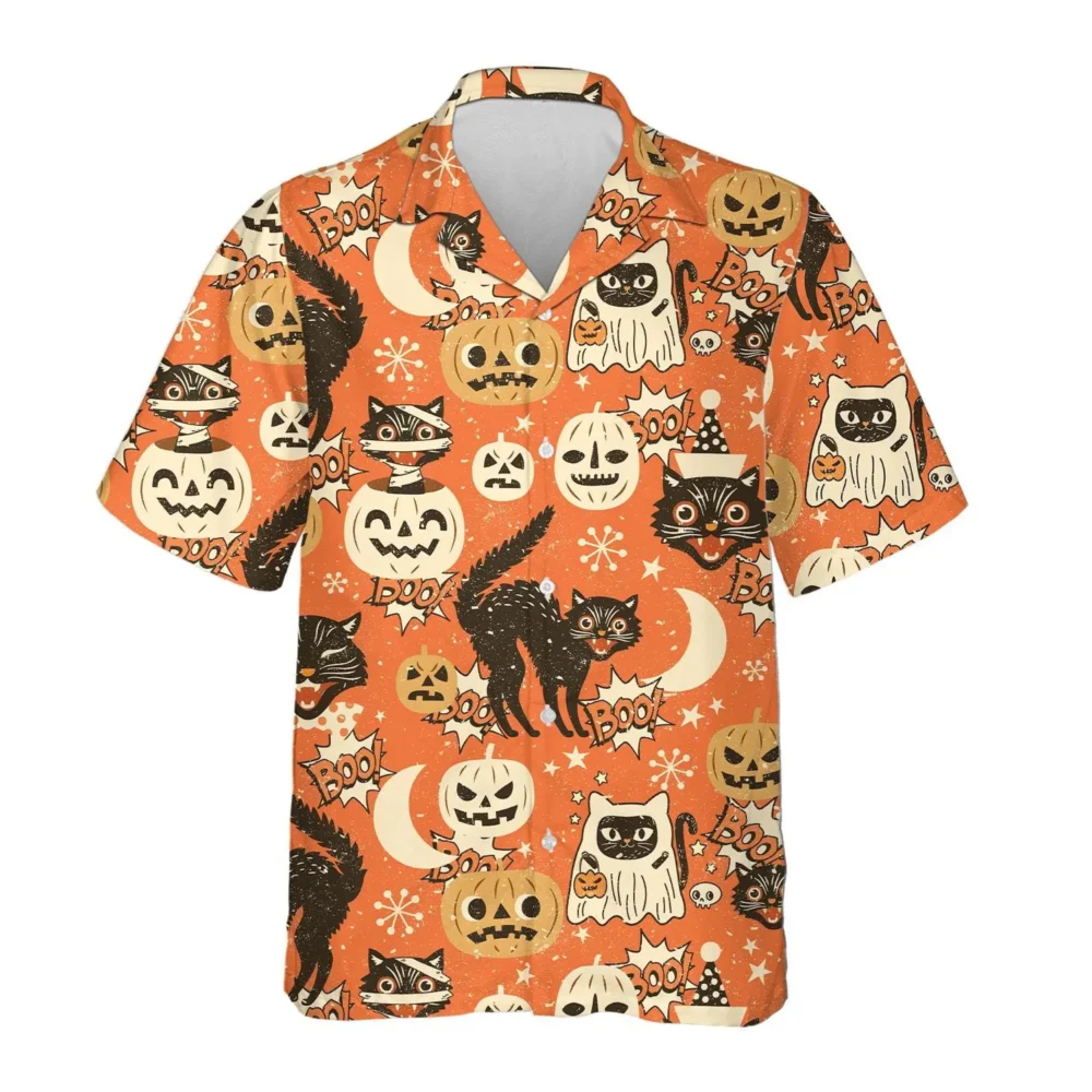 Halloween Pumpkin Cat Unisex Hawaiian Shirt Aloha Shirt BGR2765677 - Boogor