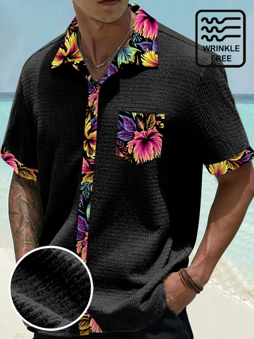 Basic Floral Patchwork Printed Men's Seersucker Stretch Hawaiian Shirt BGR2765099 - Boogor