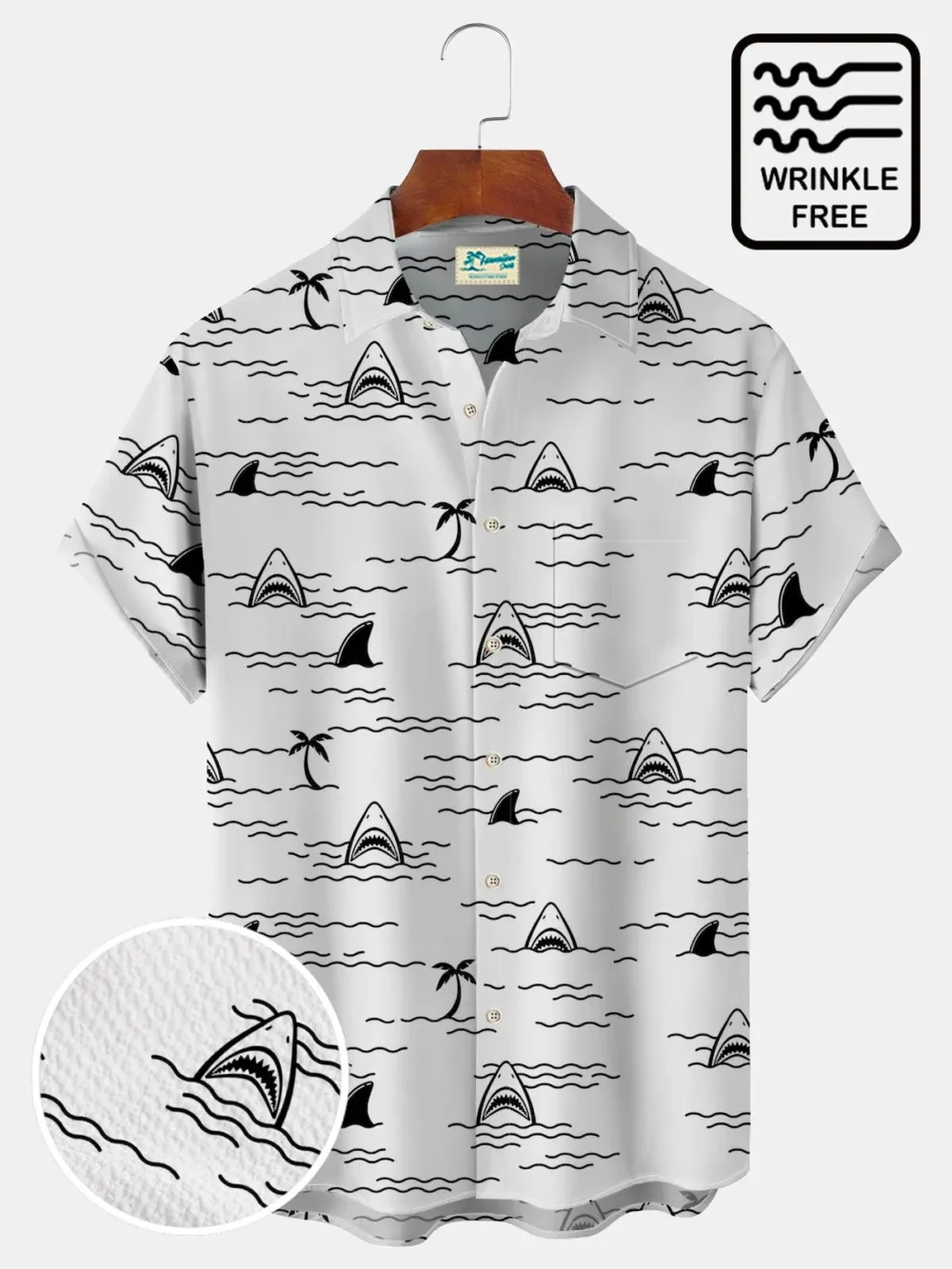 Beach Holiday White Men's Hawaiian Shirts Cartoon Shark Coconut Tree Camp Shirts BGR2765349 - Boogor