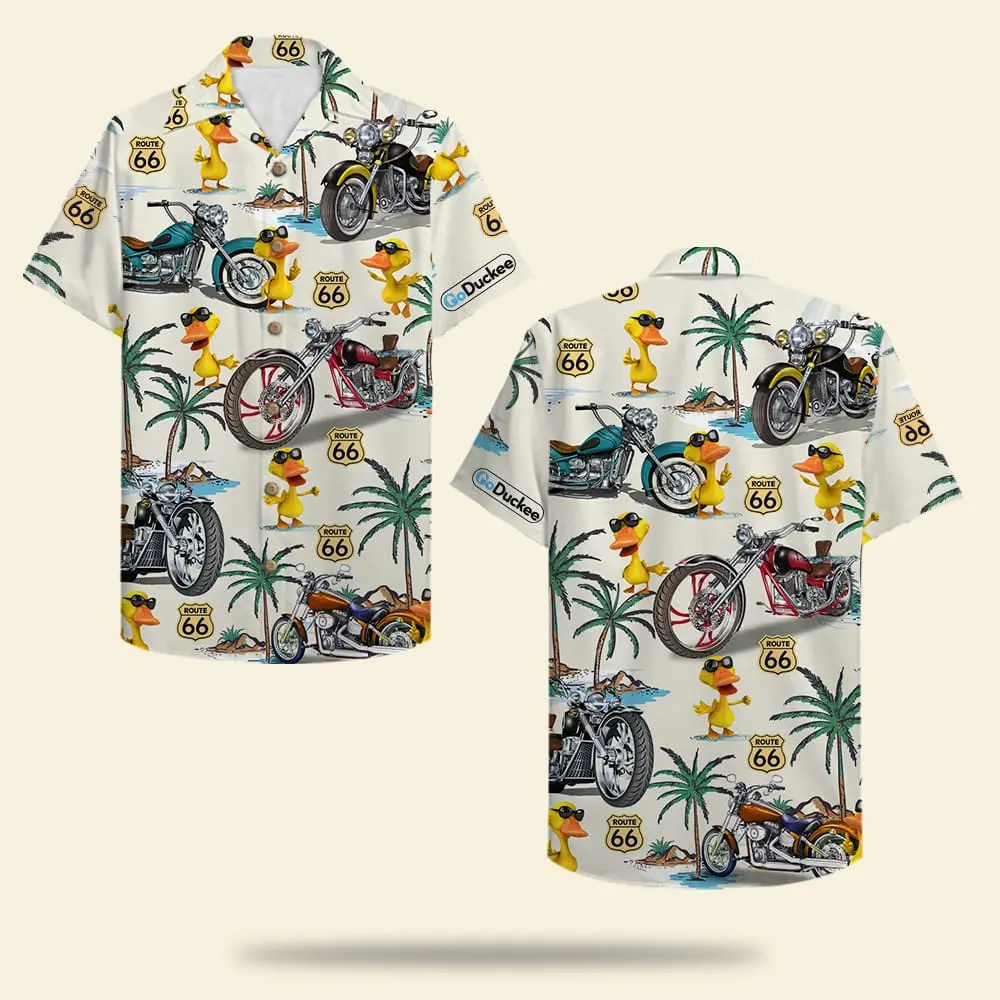 Biker Duck Unisex Hawaiian Shirt Aloha Shirt Summer Vibe Duck & Classic Motorcycles Pattern BGR2765608 - Boogor