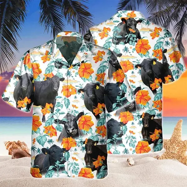 Black Angus Blue Floral Trendy Hawaiian Shirt Cow Hawaii Shirt Cow Shirts Cow Lovers Shirt For Men BGR2765023 - Boogor