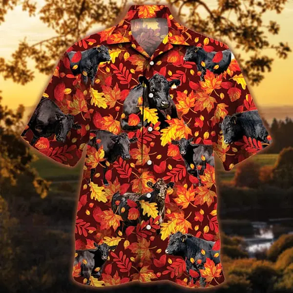 Black Angus Cattle Lovers Autumn Red Leaves Trendy Hawaiian Shirt Cow Trendy Hawaiian Shirt For Summer Gifts BGR2765017 - Boogor