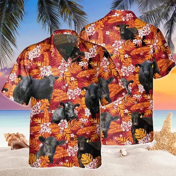 Black Angus Red Orange Floral Trendy Hawaiian Shirt Cow Hawaii Shirts Men Trendy Hawaiian Shirt Women BGR2765027 - Boogor