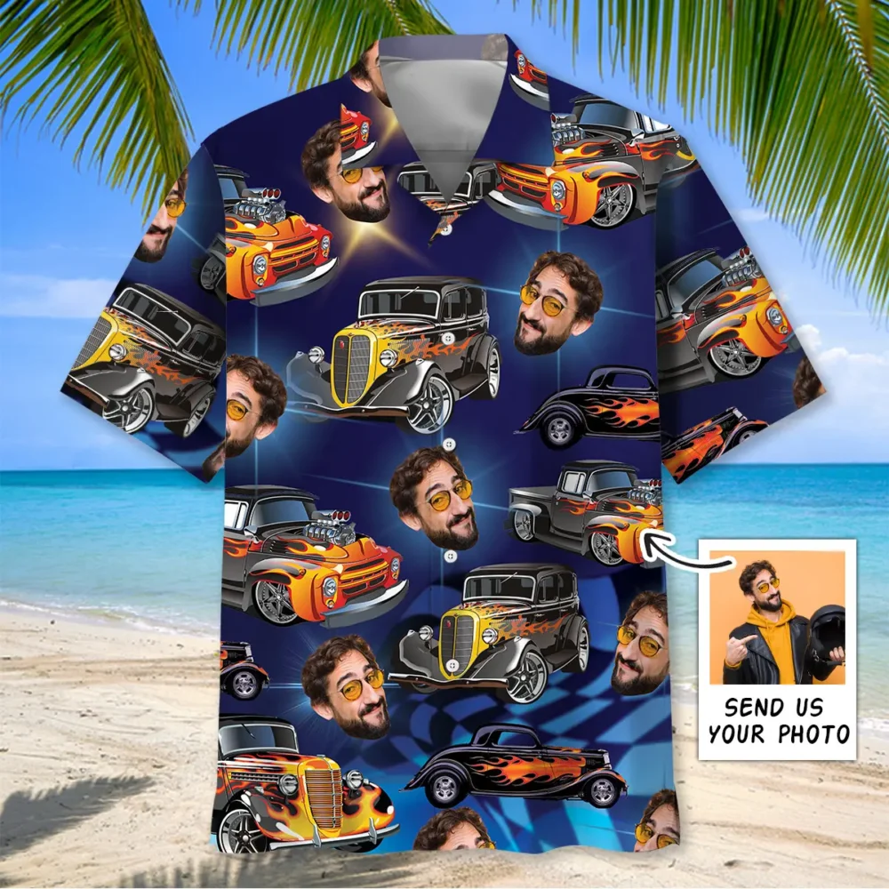 Blue Hot Rod Classic Racing Custom Photo Face Hawaiian shirt BGR2764768 - Boogor