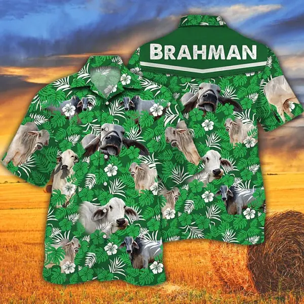 Cow Tropical Cow Men Trendy Hawaiian Shirts Brahman Cattle Lovers Green Floral Pattern Trendy Hawaiian Shirt BGR2765019 - Boogor