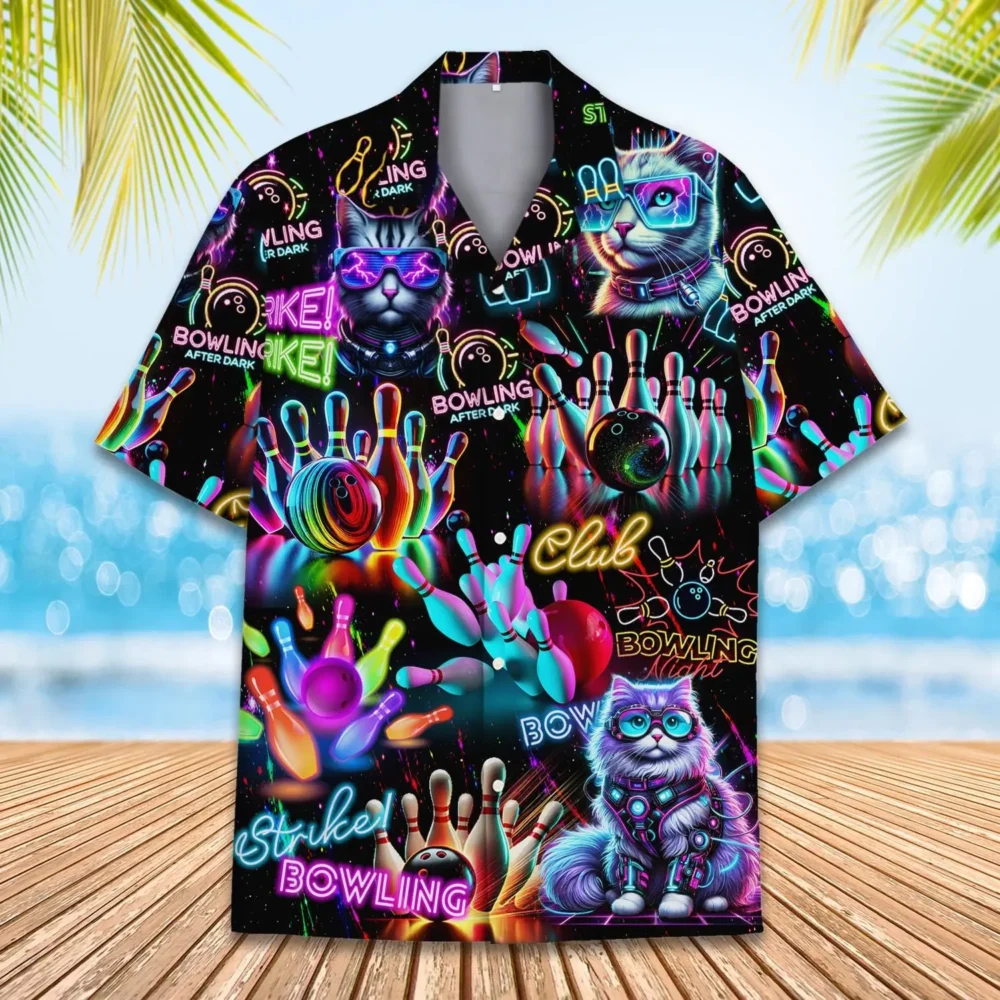 Neon Bowling Cat Unisex Hawaiian Shirt Aloha Shirt BGR2765710 - Boogor