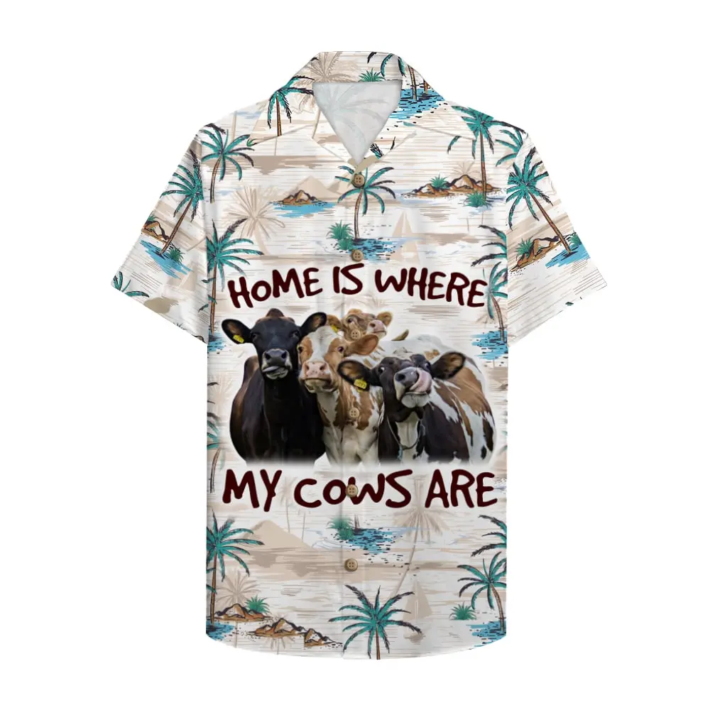 Home Is Where My Cows Are Palm Tree Pattern Unisex Hawaiian Shirt Aloha Shirt BGR2765635 - Boogor