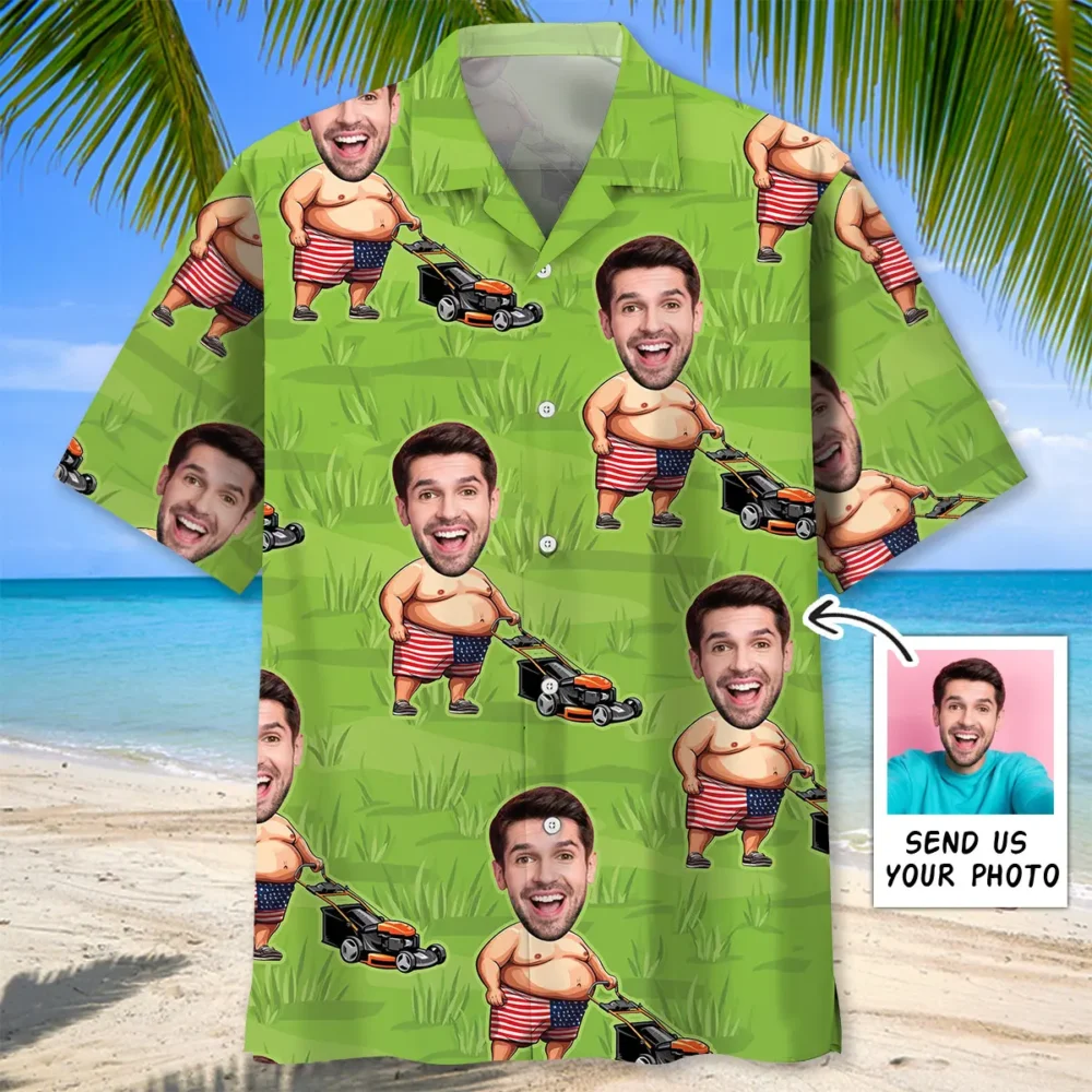 Funny American Man Lawn Mower Custom Photo Face Hawaiian Shirt BGR2764766 - Boogor
