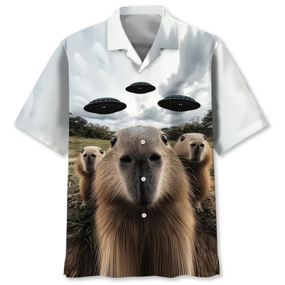 Funny Capybara Selfie with UFOs Weird Hawaiian Shirt BGR2764960 - Boogor