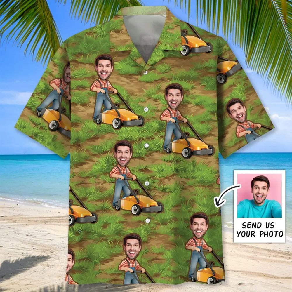 Funny Man Pushing Lawn Mower Custom Photo Face Hawaiian Shirt BGR2764765 - Boogor