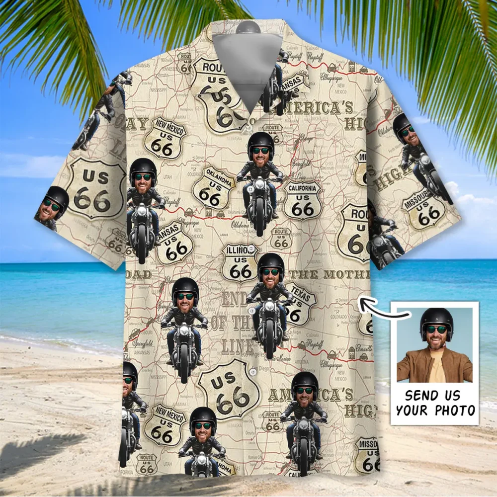 Funny Motorcycle Route 66 Custom Photo Face Hawaiian Shirt BGR2764756 - Boogor