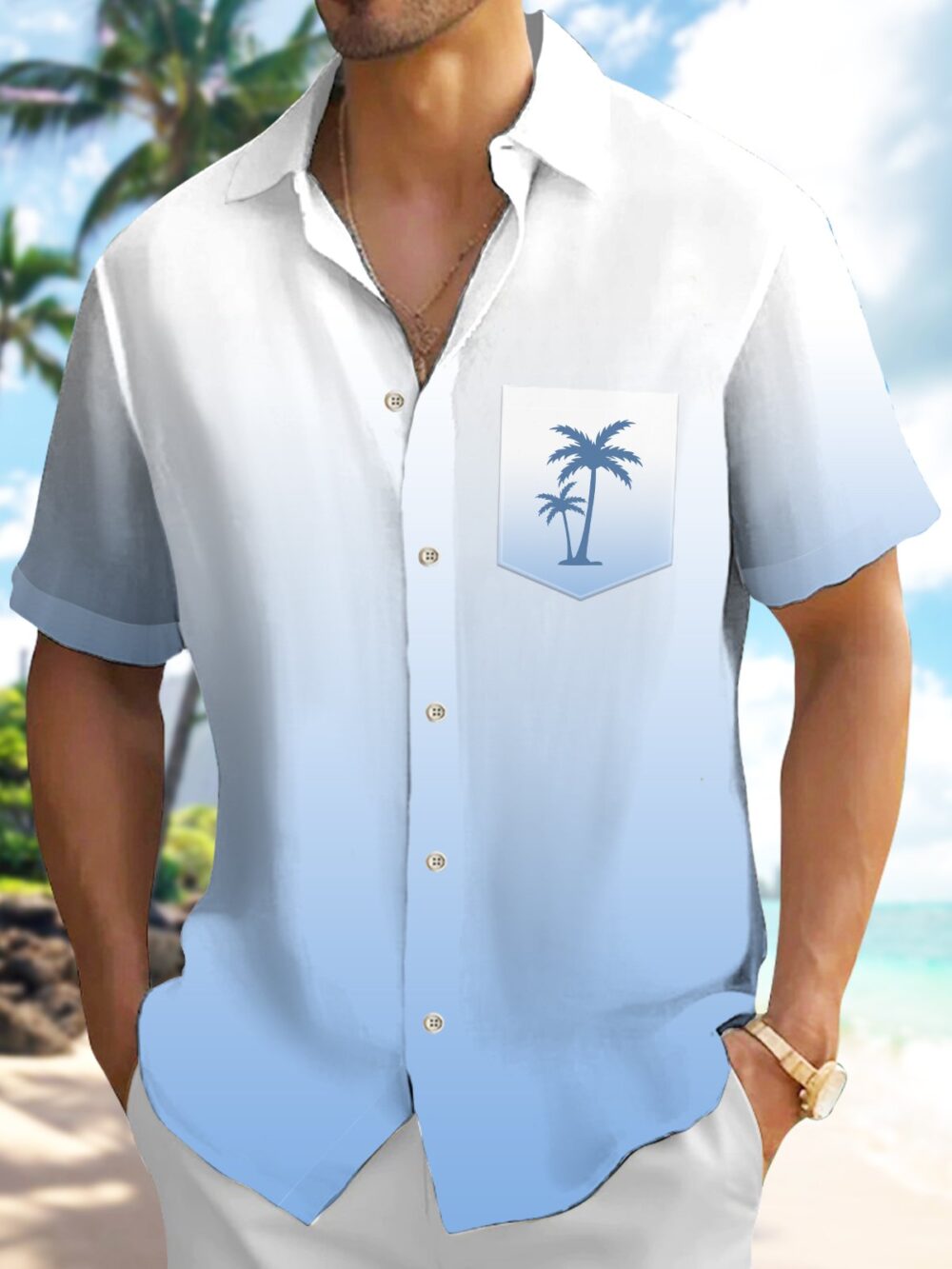Gradient Solid Color Basic Hawaiian Coconut Tree Vacation Hawaiian Shirt BGR2765161 - Boogor