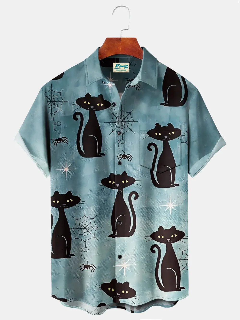Halloween Light Blue Black Cat Men's Hawaiian Shirts Spider Web Cartoon Fun Stretch Aloha Camp Button Shirts BGR2765172 - Boogor