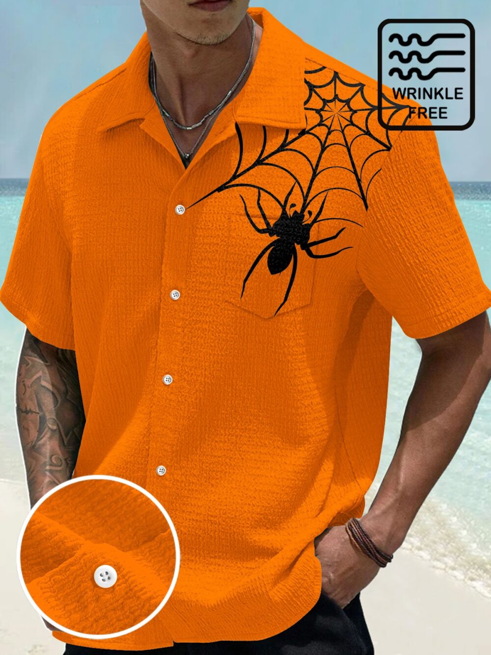 Halloween Spider Print Men's Seersucker Stretch Hawaiian Shirt BGR2765098 - Boogor