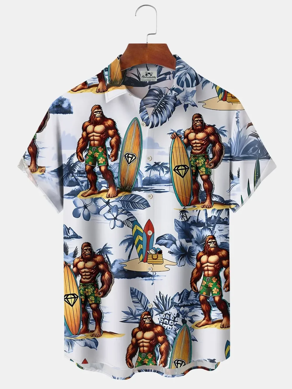Hawaii Bigfoot Print Art Buttons Stretch Large Size Men's Hawaiian Shirt BGR2765146 - Boogor