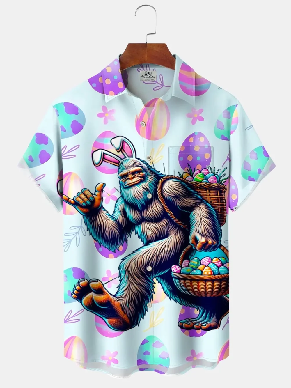 Hawaii Easter Bigfoot Fun Print Art Buttons Stretch Large Size Men's Hawaiian Shirt BGR2765143 - Boogor