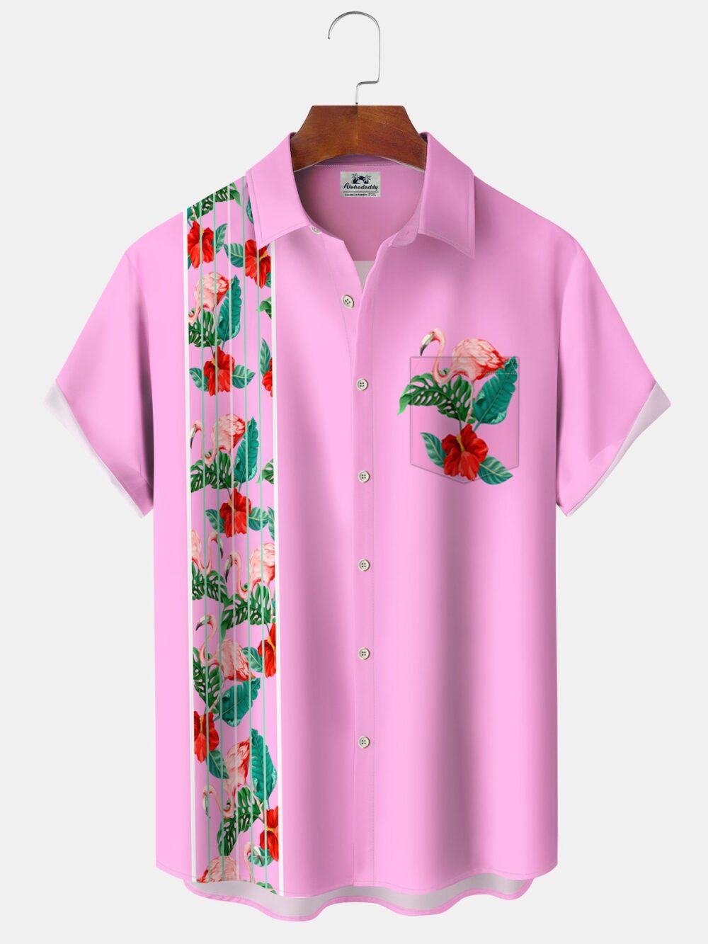 Hawaii Flamingo Plant Contrast Color Stripe Print Art Button Stretch Large Size Men's Hawaiian Shirt BGR2765141 - Boogor