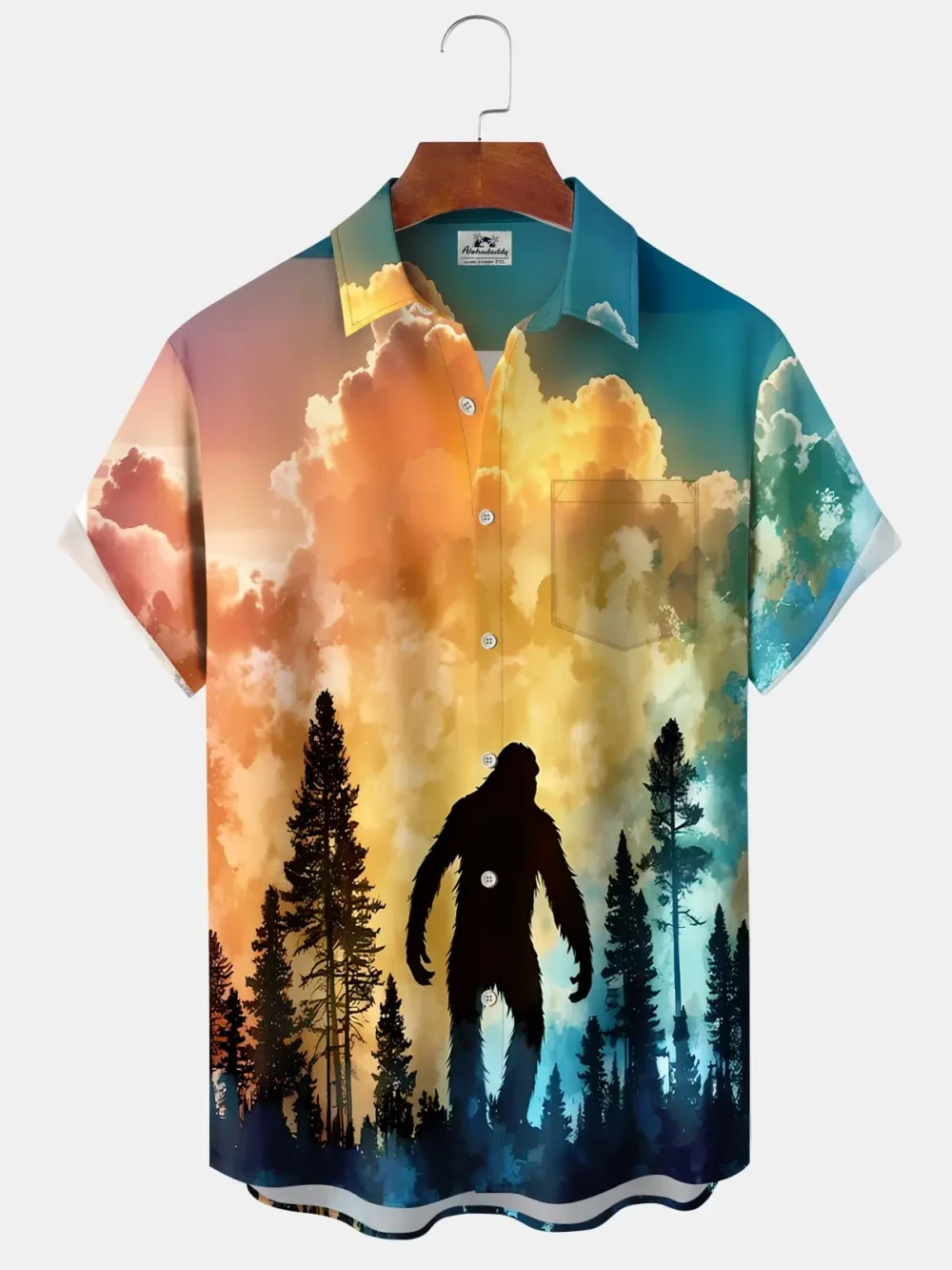 Hawaii Resort Style Bigfoot Silhouette Print Art Buttons Stretch Large Size Men's Hawaiian Shirt BGR2765140 - Boogor