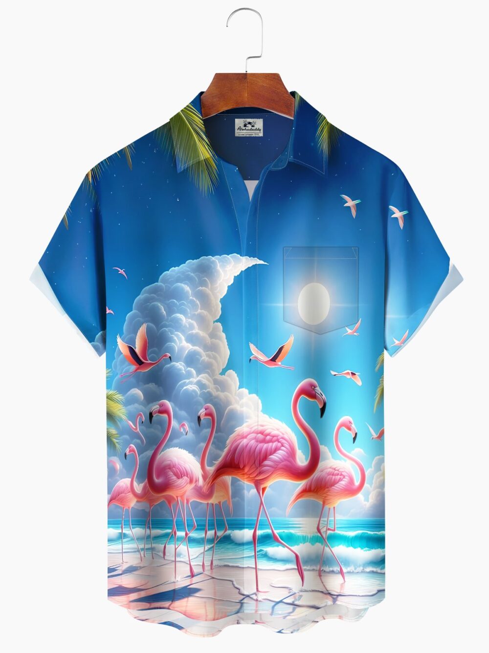 Hawaii Resort Style Flamingo Clouds Print Art Buttons Stretch Large Size Men's Hawaiian Shirt BGR2765138 - Boogor