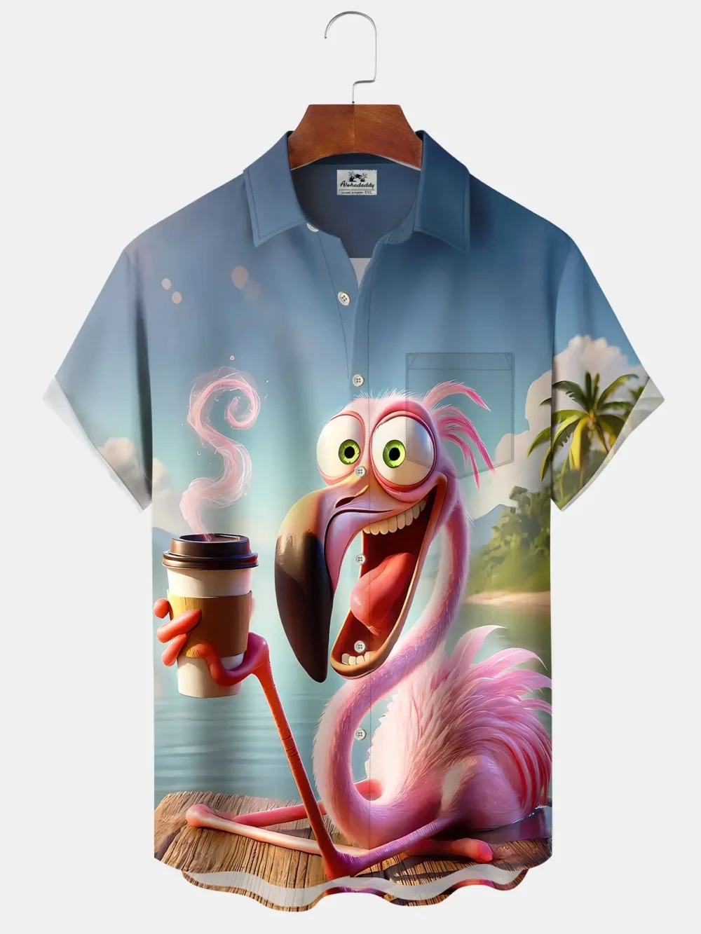 Hawaii Resort Style Flamingo Drinking Coffee Print Art Button Stretch Large Size Men's Hawaiian Shirt BGR2765228 - Boogor