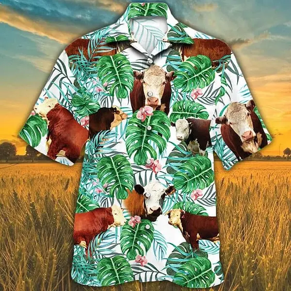 Hereford Cattle Lovers Tropical Plant Hawaiian Shirt Cow Hawaiian Shirt Hawaiian Shirts For Men Women BGR2765013 - Boogor