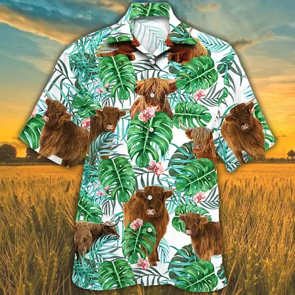 Highland Cattle Lovers Tropical Plant Trendy Hawaiian Shirt Cow Trendy Hawaiian Shirt Trendy Hawaiian Shirts For Men Women BGR2765022 - Boogor