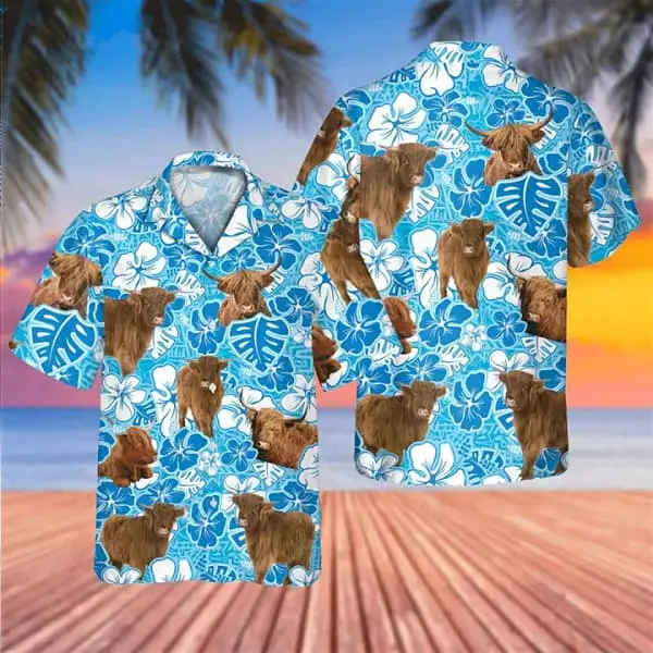 Highland Cow Blue Floral Trendy Hawaiian Shirt Cow Hawaii Shirt Cow Lovers Shirt For Men BGR2765020 - Boogor