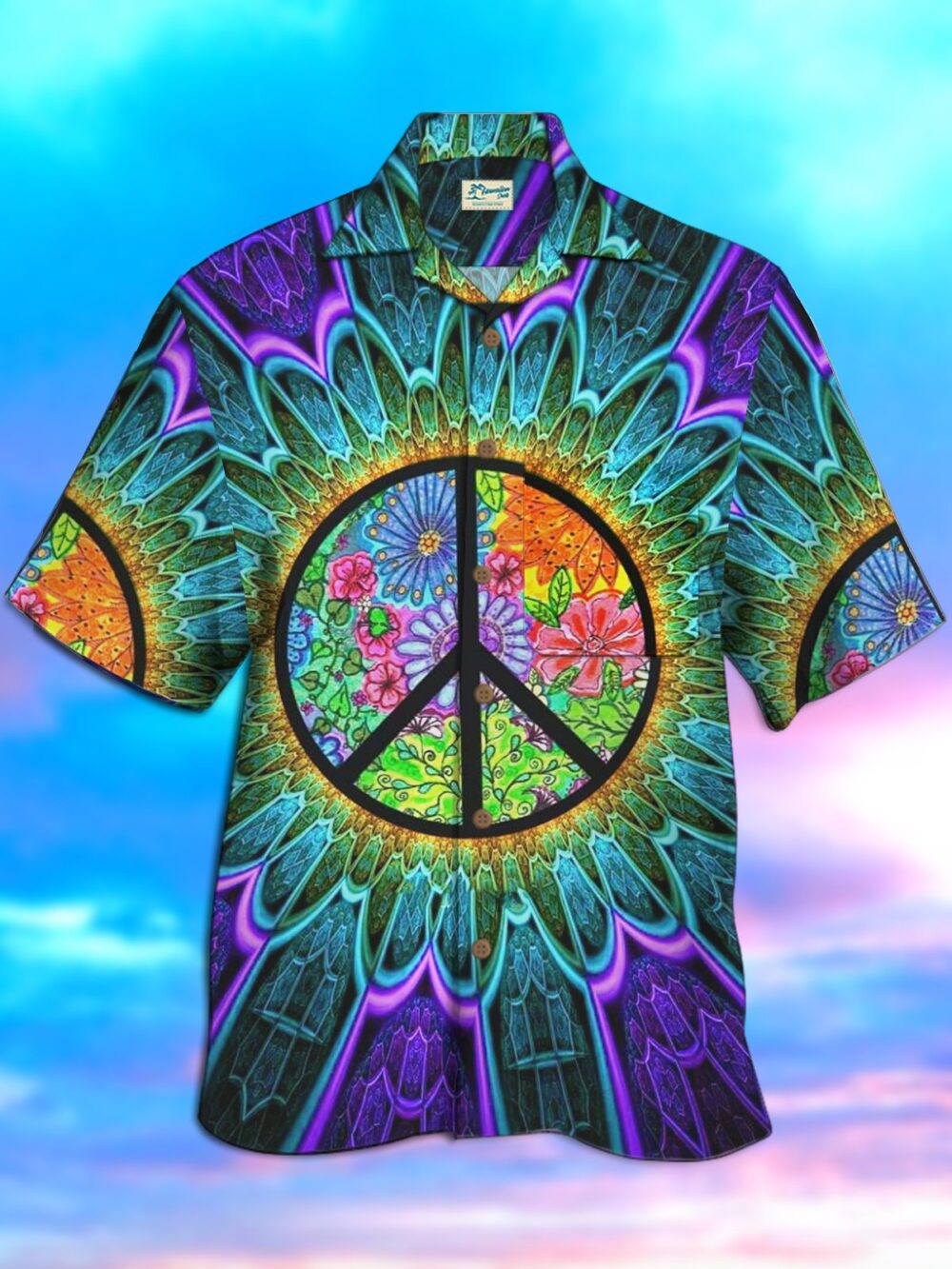 Hippies Peace and Love Men's Psychedelic Vacation Beach Aloha Hawaiian Shirt BGR2765340 - Boogor