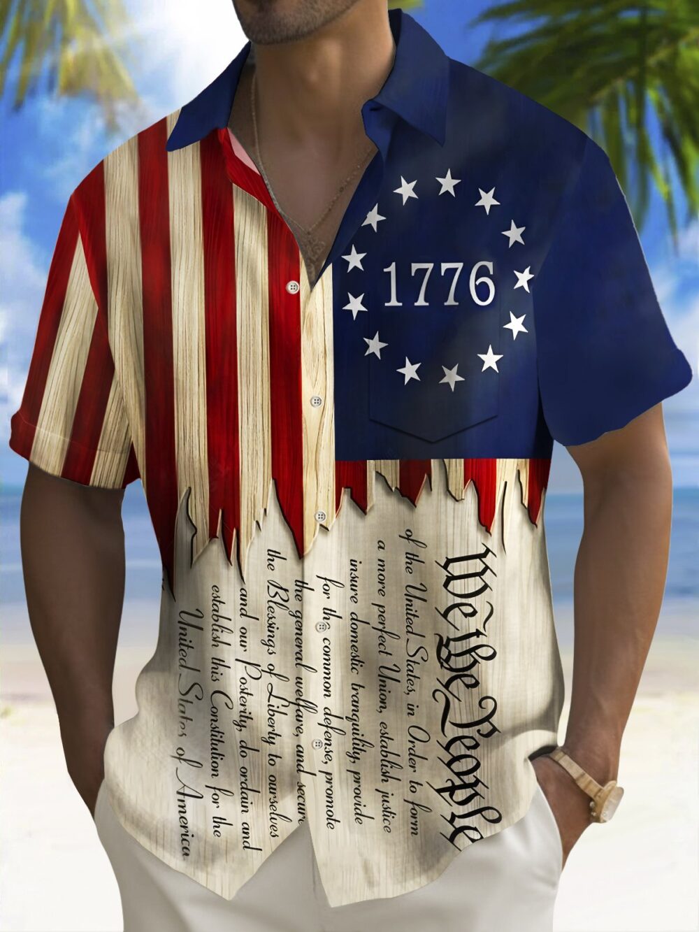 Holiday Men's Independence Day Flag 1776 Printed Casual Breathable Patriotic Hawaiian Shirt BGR2765079 - Boogor
