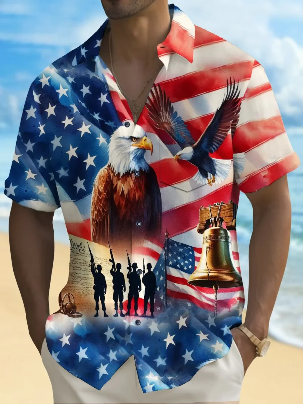Holiday Men's Independence Day Flag Eagle Print Casual Breathable Hawaiian Shirt Big Tall BGR2765207 - Boogor