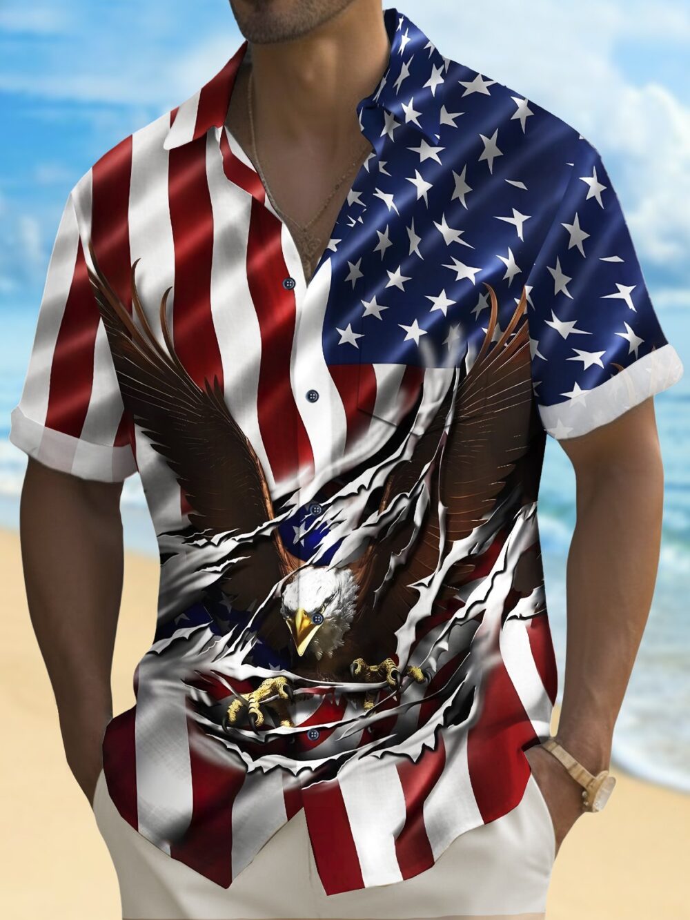 Holiday Men's Independence Day Flag Eagle Print Casual Breathable Hawaiian Shirt Big Tall BGR2765197 - Boogor