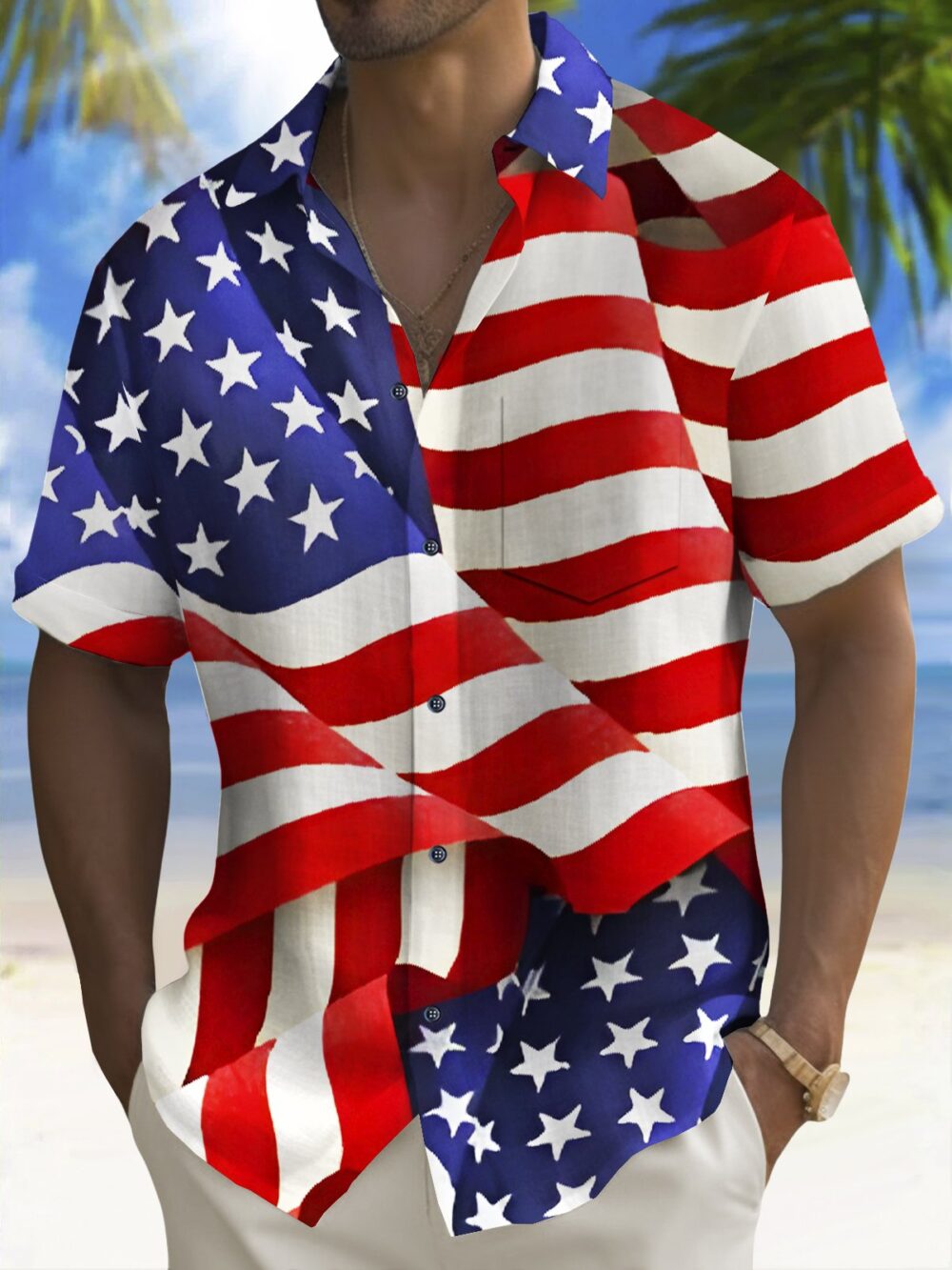 Holiday Men's Independence Day Flag Printed Casual Breathable Hawaiian Shirt Big Tall BGR2765080 - Boogor