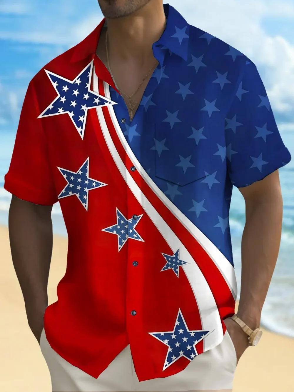 Holiday Men's Independence Day Flag Printed Casual Breathable Hawaiian Shirt Big Tall BGR2765078 - Boogor