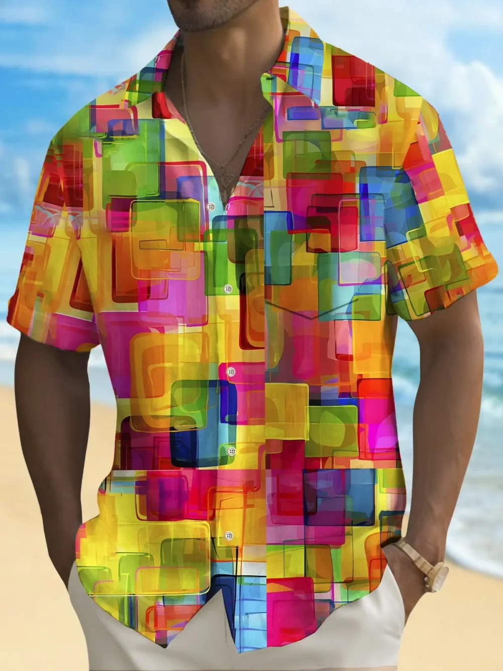 Holiday Men's Pride Month Rainbow Color Geometric Print Casual Breathable Hawaiian Shirt Big Tall BGR2765206 - Boogor