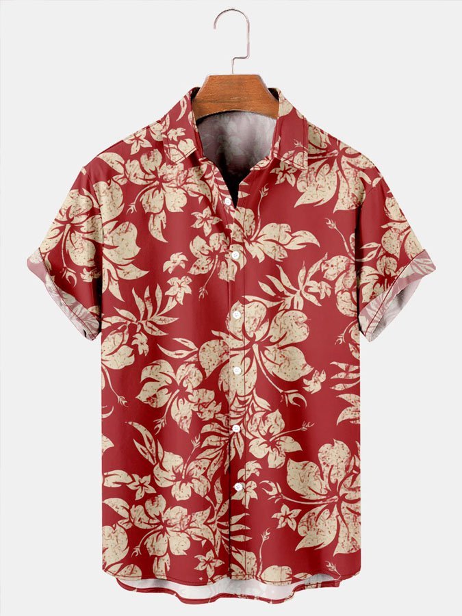 Holiday Style Hawaiian Series Plant Flower Leaf Element Lapel Short-Sleeved Hawaiian Shirt BGR2765266 - Boogor