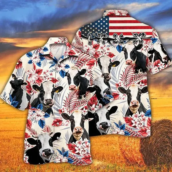 Holstein Friesian Cattle Lovers American Flag Hawaiian Shirt Cow Hawaiian Shirt Vintage Hawaiian Shirt For Men And Women BGR2765012 - Boogor