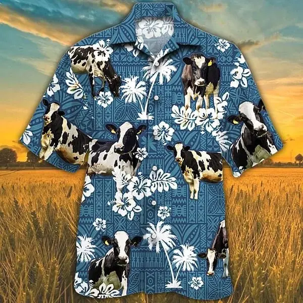 Holstein Friesian Cattle Lovers Blue Tribal Trendy Hawaiian Shirt Cow Trendy Hawaiian Shirts For Men Women BGR2765030 - Boogor