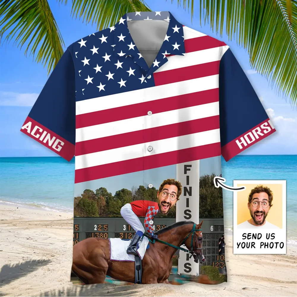 Horse Racing Alone At The Finish Custom Photo Face Hawaiian Shirt BGR2764740 - Boogor